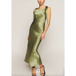 Reformation Aden Silk Artichoke Tie Shoulder Satin Midi Dress XL Green Slip Midi